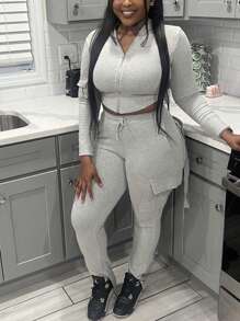 طقم من قطعتين للنساء في الربيع والخريف، عالي المرونة وقبعة، ملابس نسائية عصرية من لون واحد، سترات مقنعة وسراويل ضيقة - رمادي - مشاهدة 3