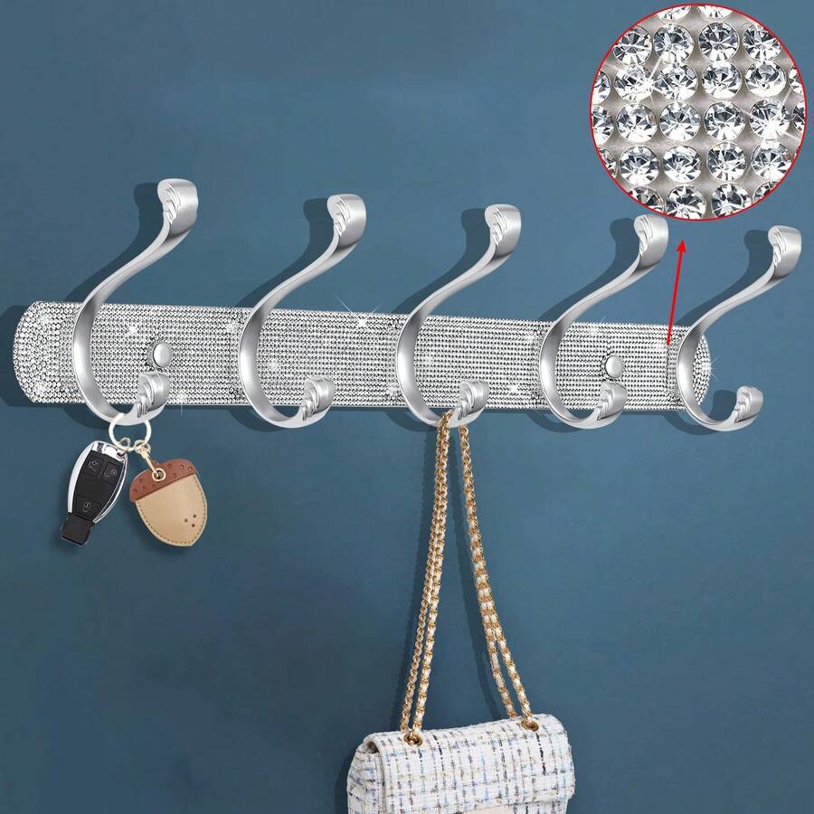 1/2PCS Home Organizer Coat Rack Mount, Shiny Silver Rhinestones Wall Mounted 3/4/5 Hooks, Key Hooks Decorative For Double Wall, Hook Rack Suitable For Hat Towel Purse Robes Bathroom Entryway - Silver - View 1