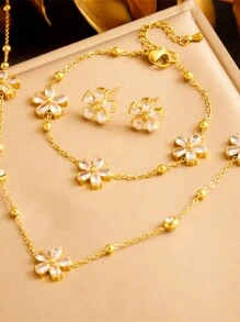 1 套镀金不锈钢水钻和透明花链手链、耳环和项链首饰套装情人节、妈妈、母亲、母亲节、礼物