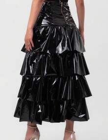 Black Labrava Vinyl Midi Ruffle Skirt - 黑色 - 查看 2