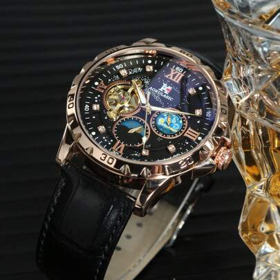 1pc Men's Fashionable Luxury Openwork Automatic Mechanical Watch, Rose Gold Case, Moon Phase Display, Luminous Hands, Diamond Decor, Black Dial, Multi