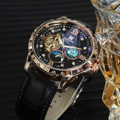 AOKULASIC 1 件男士时尚奢华镂空自动机械表，玫瑰金表壳，月相显示，夜光指针，钻石装饰，黑色表盘，多功能，顶级品牌，休闲皮革表带，商务风格手表礼品盒