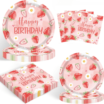 Conjunto de 24 platos y servilletas de papel con diseño de fresa, platos de pastel/postre de 7/9 pulgadas, artículos para fiesta de cumpleaños, decoración de baby shower para niñas, vajilla desechable de papel para servir a 24 personas'