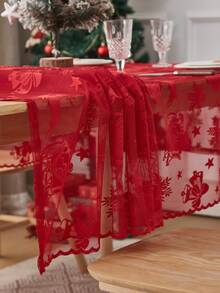 1pc Christmas Lace Table Cloth, Festive Decor - Red - View 4