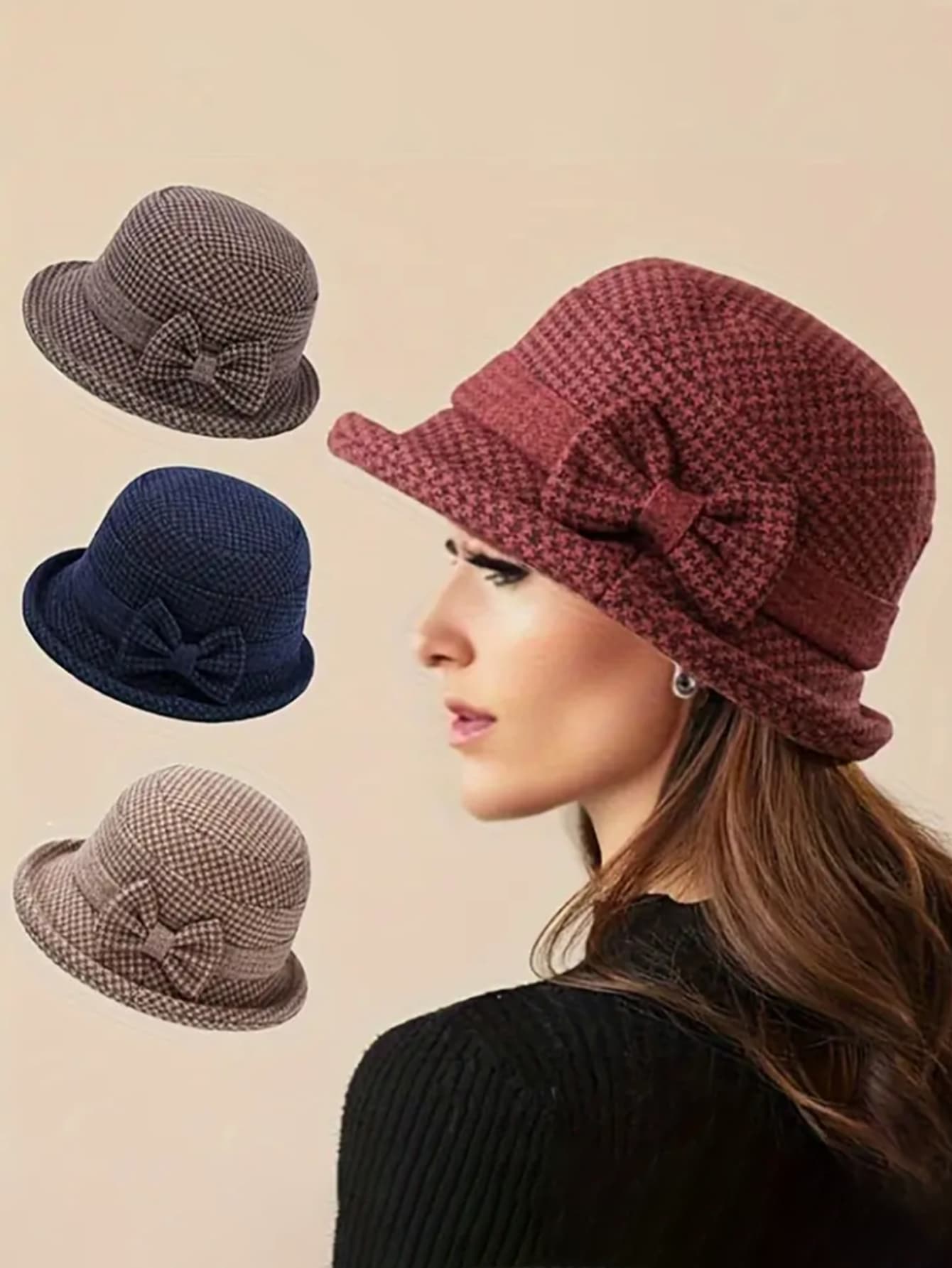 Mũ xô dày ấm áp thời trang dành cho nữ, trang trí nơ, nhẹ, thoải mái, chống gió, thường ngày - Nhiều màu - Xem 1