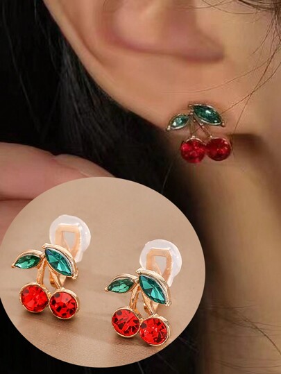 1 par de pendientes de clip con forma de cereza de cristal rojo de moda para mujeres, elegante y versátil para uso diario, regalo