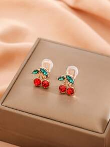1pair Fashion Red Crystal Cherry Shaped Clip-On Earrings For Women, Elegant And Versatile Daily Wear Gift - No Piercing Ear Clips - View 2