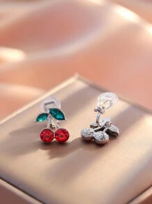 1pair Fashion Red Crystal Cherry Shaped Clip-On Earrings For Women, Elegant And Versatile Daily Wear Gift - No Piercing Ear Clips - View 5