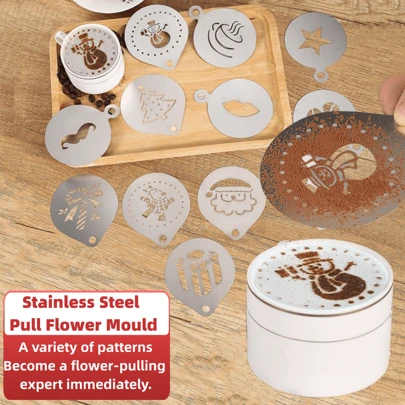 1 件 304 不锈钢咖啡拿铁艺术模板，独特圣诞图案咖啡师装饰粉掸模板，圣诞礼物