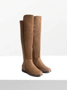 Women Reserve Tall Boots, Flat Low Heel Stretchy Knee High Boots Comfortable Round Toe Suede Slouch Side Zipper Fashionable Solid Color Boots - 棕色 - 查看 5