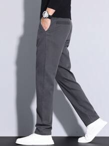 Men's Slant Pockets Flat Casual Pants, Straight Leg, Stretch, Fashion Versatile