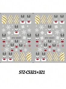 2 件圣诞麋鹿美甲贴纸 3D 冬季雪花新年卡通指甲装饰贴花圣诞节粘性美甲滑块 - 彩色 - 查看 6