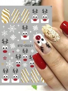 2 件圣诞麋鹿美甲贴纸 3D 冬季雪花新年卡通指甲装饰贴花圣诞节粘性美甲滑块 - 彩色 - 查看 2