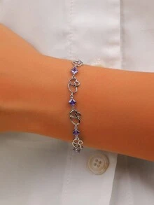 1 件 925 纯银镀白金镂空优雅双心形紫色方晶锆石可调节链条手链，适合女朋友、妻子、办公室、日常佩戴、约会 - 紫色 - 查看 6