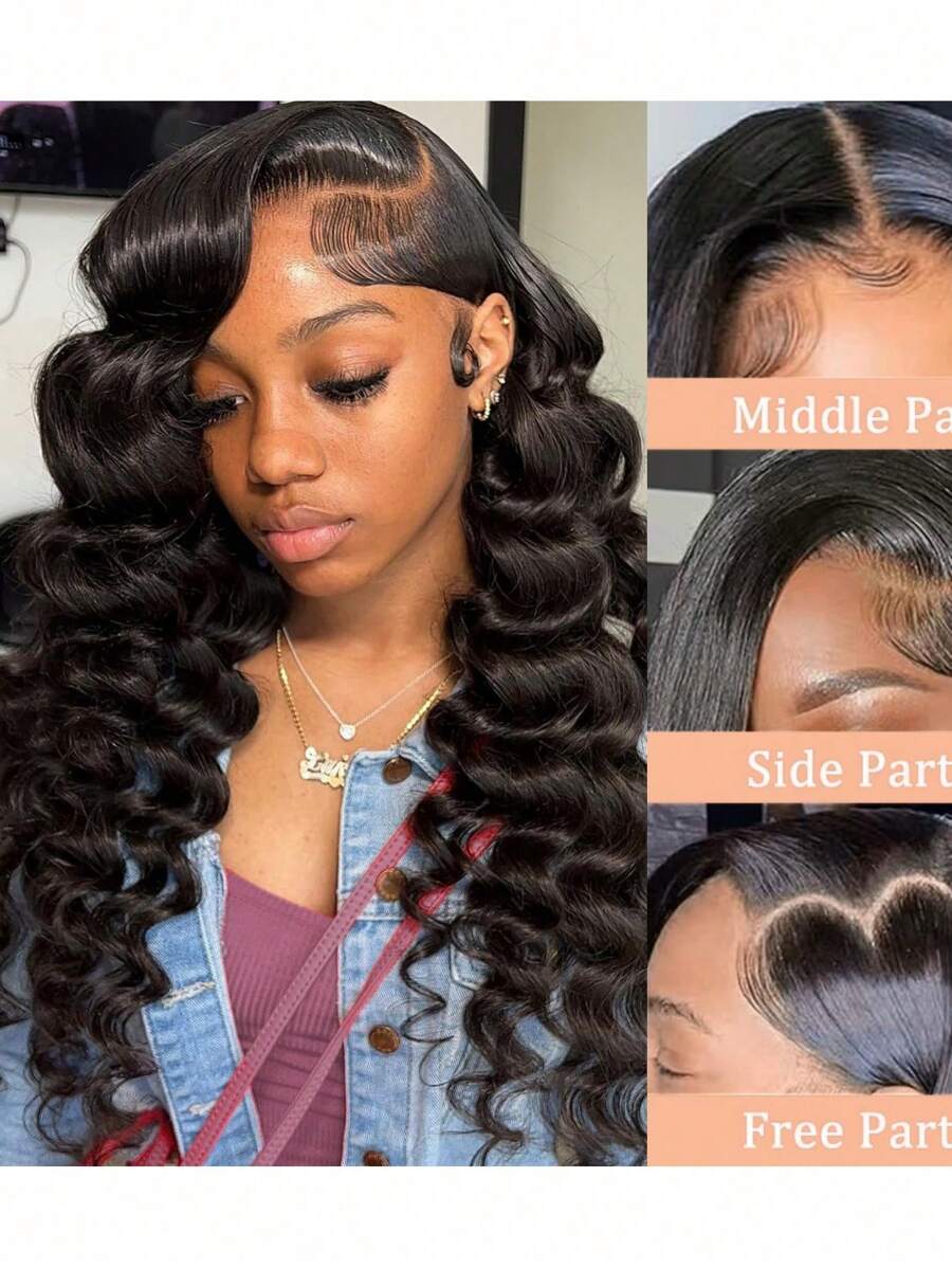 宽松深蕾丝前假发,预先拔毛,180%密度,深波浪卷发假发,真人发,13x4湿波浪蕾丝前假发,自然黑色 - 黑色 - 查看 1