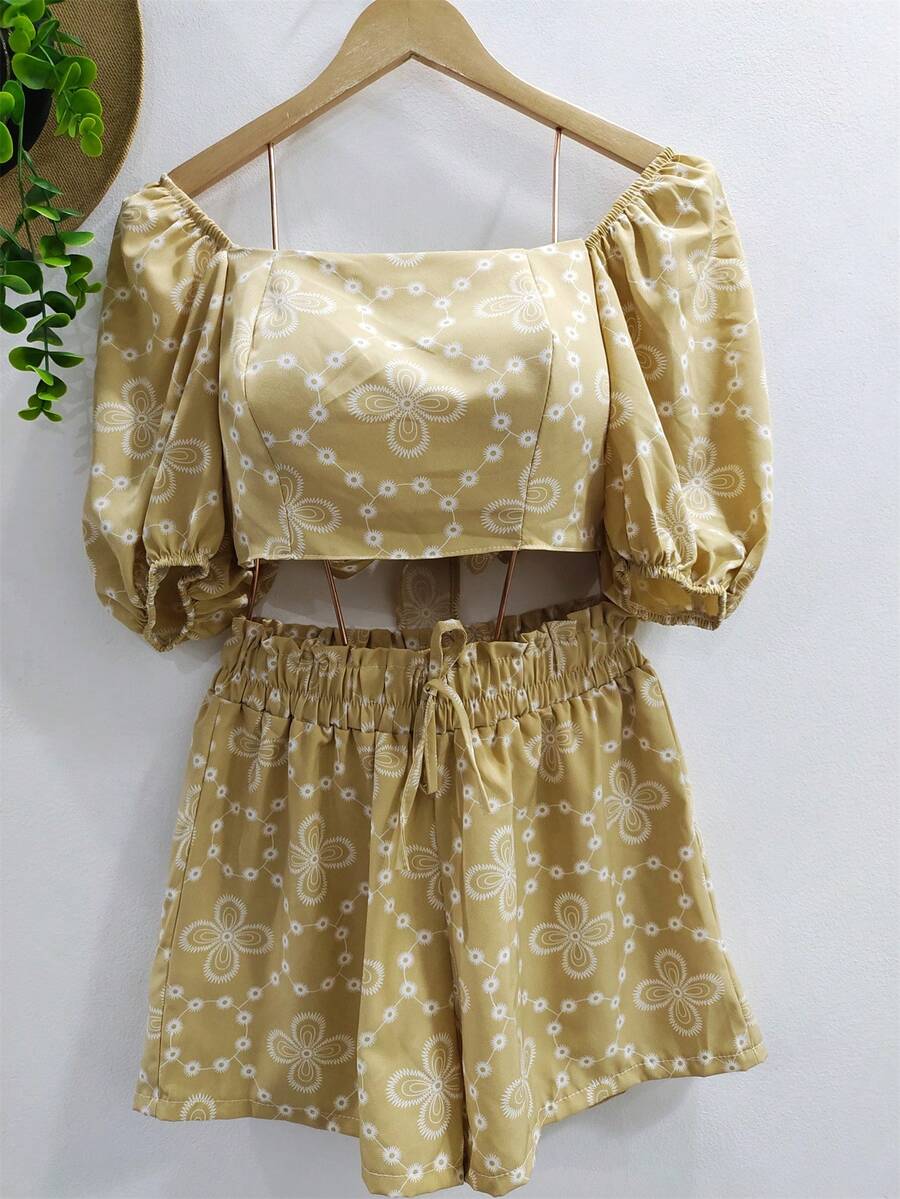 Women's Printed Set Cropped Multiforms And Shorts Summer Fashion - 卡其色 - 查看 1