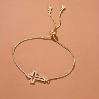 Fashion Copper Inlaid Zirconia Hollow Cross Women's Bracelet Jewelry Gift Christmas Party Ornament