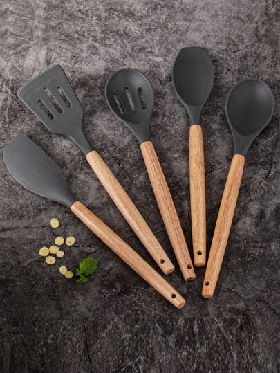 5pcs/Set, Silicone Utensil Set, Kitchen Utensil Set, Cooking Utensils Set, Non-Stick Cooking Utensils Set With Wooden Handle, Washable Modern Cookware, Kitchen Stuff, Kitchen Gadgets, Kitchen Essentials(Dark Grey))