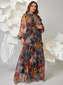 大码女式花卉印花 V 领灯笼袖长款优雅连衣长裙 - 彩色 - 查看 5