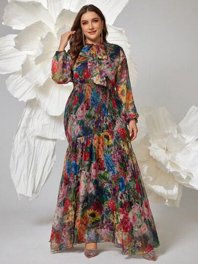 Plus Size Women's Flowy Tie Neck, Random Floral Print, Lantern Sleeve Long Dress, Flattering Fit, Soft & Comfortable, Suitable For Vacation, Travel, Daily Wear, Festivals