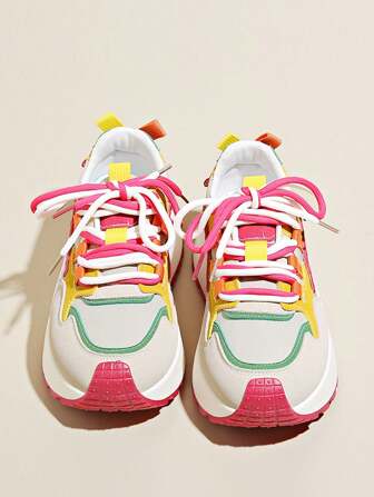 新款女士厚底厚底运动鞋，2024 年秋季透气彩色粗跟休闲运动鞋