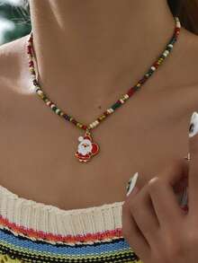 1 chiếc vòng cổ hạt nhiều màu sắc với mặt dây chuyền hình cây thông Noel, ông già Noel, người tuyết và vòng hoa, quà tặng ngày lễ - vòng cổ giáng sinh - Xem 3