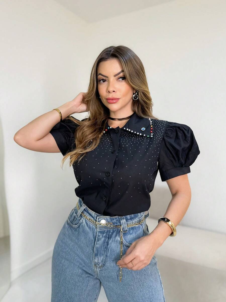 Tricoline Blouse With Princess Sleeve Collar Application - 黑色 - 查看 1