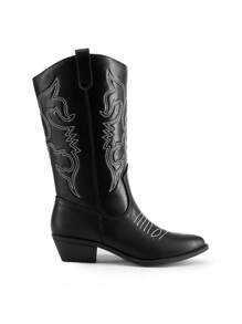 Women'S Cowboy Western Boots Point Toe Pull On Cowgirl Boots  Embroidered Detail Chunky Heeled Spring And Winter Back To School Party Festival Matching Dress Mid Calf Black Boots - 黑色/PU - 查看 11