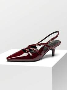 Women's Kitten Heel Slingback Pumps Square Toe Metal Buckle Strap Low Heels Sexy Wedding Party Dress Shoes - 酒紅色 - 查看 5