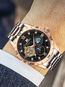 AOKULASIC 1pc Luxury Starry Sky Moon Phase Display Tourbillon Hollow Automatic Mechanical Men's Watch, Top Brand, Stainless Steel Strap, Rose Gold Case, Business & Casual Watch, Gift