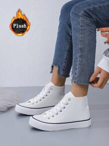 Unisex Simple & Fashionable Flat Shoes With Thermal Lined, High-Top White Canvas Shoes, Snow Boots