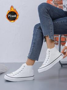 Unisex Simple & Fashionable Flat Shoes With Thermal Lined, High-Top White Canvas Shoes, Snow Boots
