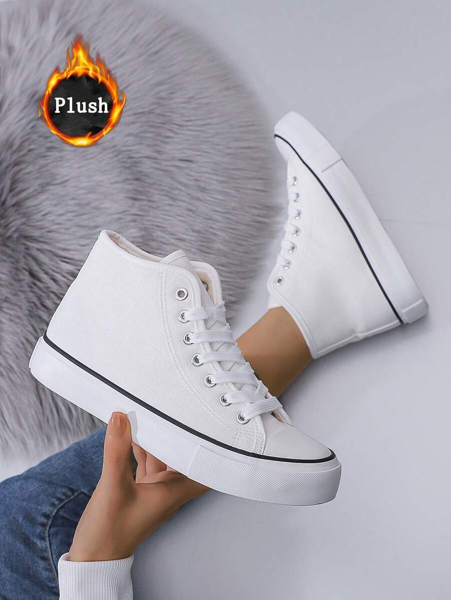 Unisex Simple & Fashionable Flat Shoes With Thermal Lined, High-Top White Canvas Shoes, Snow Boots