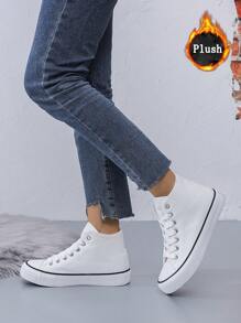 Unisex Simple & Fashionable Flat Shoes With Thermal Lined, High-Top White Canvas Shoes, Snow Boots