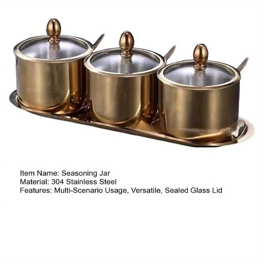 3 Seasoning Cans, Stainless Steel Sugar Cans (With Glass Lid And Spoon