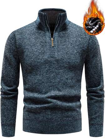 1st Heren Effen Kleur Casual Comfortabele Zakelijke Pendel Hoge Kraag Half-Zip Gebreide Trui, Warm Voor De Winter