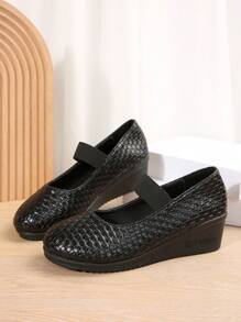 大码女式圆头粗跟不对称印花高跟鞋，欧码 36-43，黑色几何印花优雅舒适仿皮厚底露跟高跟鞋，适合日常穿着、室内外场合、派对