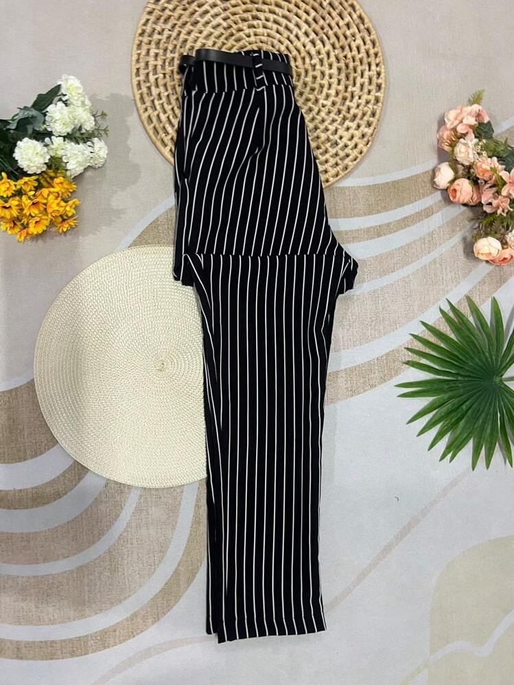 Women's Tailored Striped Pants With Belt And Casual Bag - Black - View 5