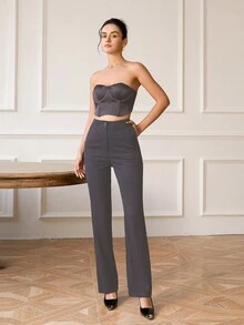 Women's Solid Color High-Waisted Straight-Leg Business Pants - Dark Grey - View 3