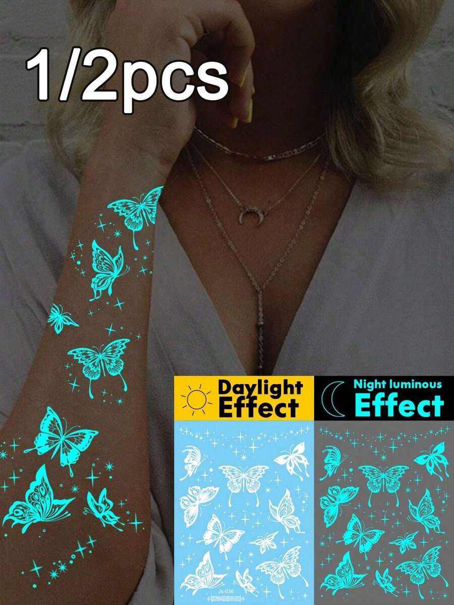 夜光蓝、白蝴蝶纹身贴纸，夜光人体艺术临时纹身贴纸，闪光蝴蝶星光图案，防水假纹身，持续 2-5 天，遮盖疤痕，可用于手臂手腕肩膀腿腰颈手胸部大腿手指，派对生日惊喜礼物 - 白色 - 查看 1