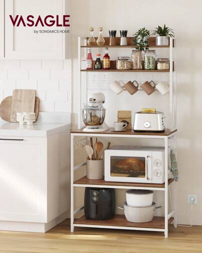 VASAGLE Scaffale Cucina con Multipresa, Scaffale per Microonde, Mobile Cucina, con Pannello a Rete Metallica, 14 Ganci, 40 x 80 x 170 cm, Marrone Vintage e Nero/Greige e Nero/Grigio Antracite e Nero Inchiostro/Noce Medio e Bianco