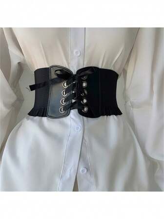 女式弹力系带黑色紧身胸衣腰带，适合连衣裙/衬衫，简约修身设计，凸显腰线，增添时尚感，蝴蝶结背带万圣节配饰，适合女士连衣裙西部牛仔女牛仔乡村服饰复古黑色腰带女式紧身胸衣腰带，适合连衣裙，腰部训练器，塑腰，瘦腰和收腹