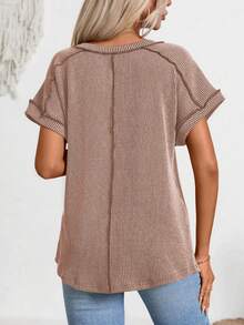 Women's V-Neck T-Shirt, Ribbed Short Sleeve Casual Blouse For Summer - Khaki - View 2