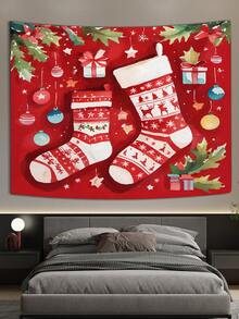 1 件圣诞袜和礼物图案彩色挂布挂毯，涤纶圣诞主题派对装饰，适合圣诞节庆祝场地装饰，冬季使用 - 聖誕襪與禮物 - 查看 1
