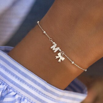 1個 新品ステンレス鋼 リボン ジルコニア パヴェ イニシャル シルバーカラー ビーズチェーンブレスレット レディース バレンタイン