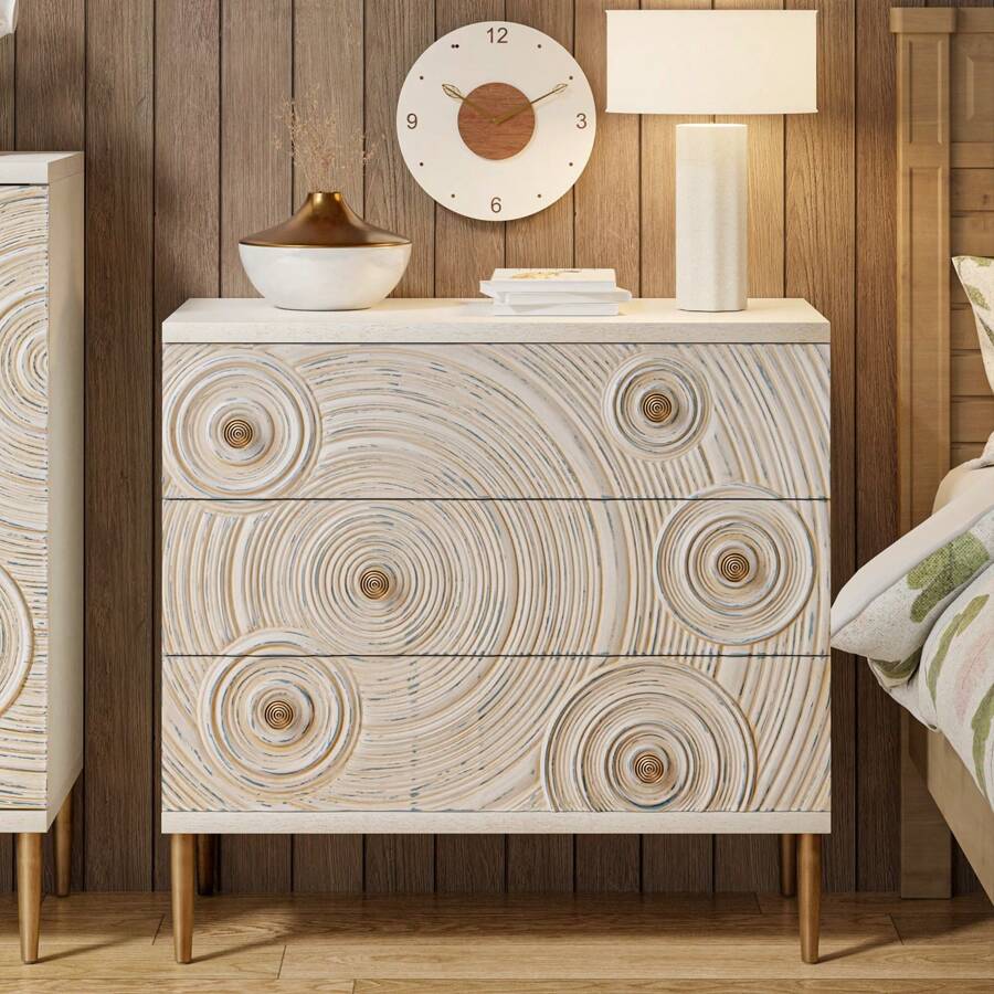 COZAYH Farmhouse Embossed 3 Drawer Dresser, 2 Door Storage Cabinet With Ring Motif, Distressed Boho Nightstand, Storage Buffet Cabinet For Bedroom, Living Room, White, Black - 白色梳妝台 - 查看 1
