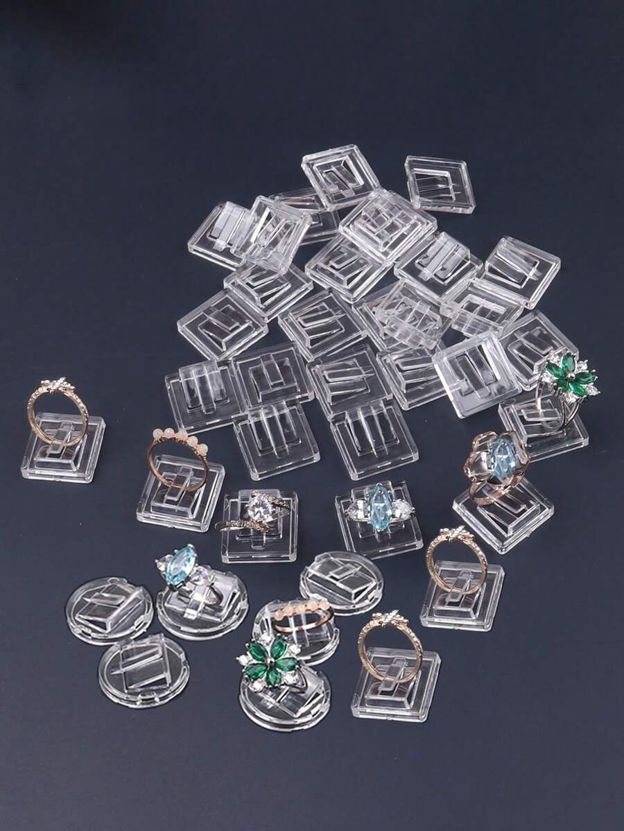 10/20/50/100pcs Plastic Square & Round Mini Ring Display Holders Back To School - Clear - View 1
