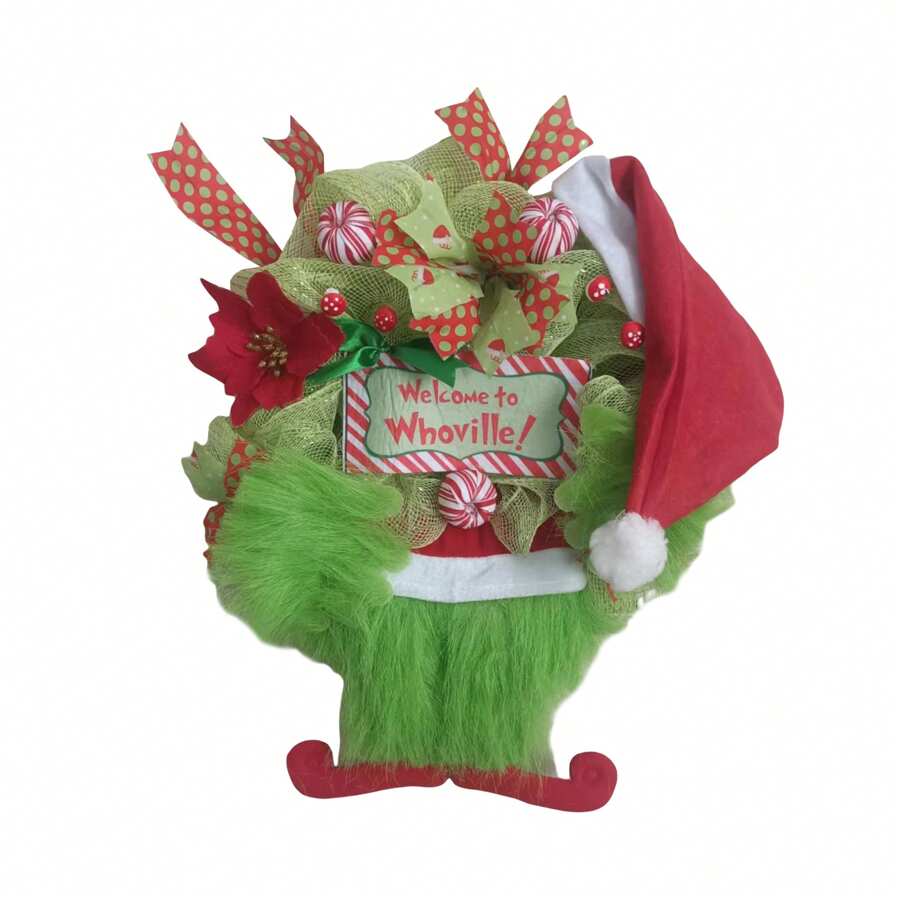 Corona navideña de peluche, guirnalda creativa de brazos y piernas de elfo, decoración colgante para la puerta de entrada - Verde - Ver 1