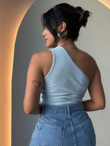 Blouse Flower Mula Manca Ribbed Feminine Stylish - 淺藍色 - 查看 2