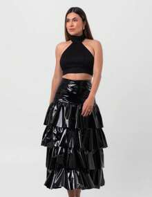 Black Labrava Vinyl Midi Ruffle Skirt - 黑色 - 查看 3